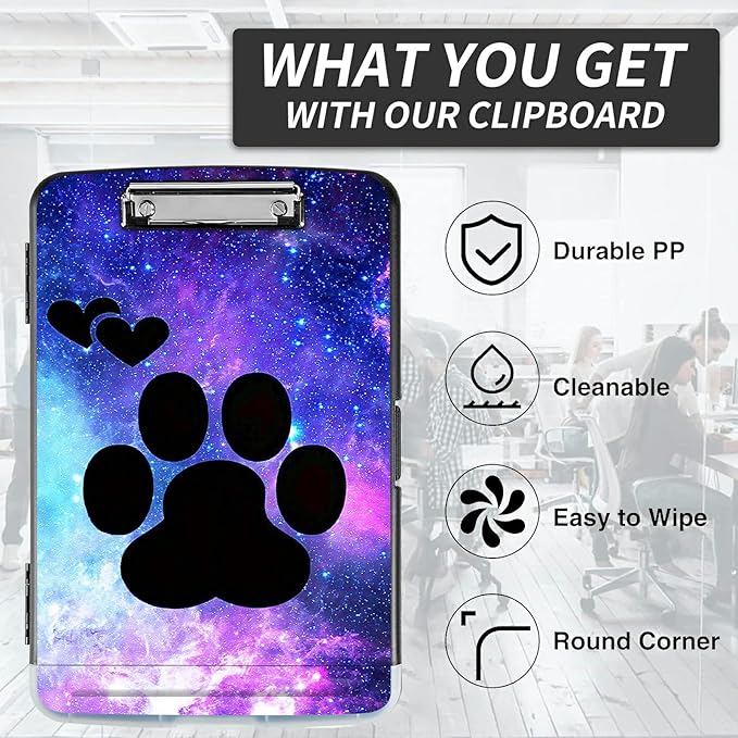 File Clipboard Storage with Pen Holder High Capacity Plastic Nursing Clipboards File Folder Storage Box Clipboard with Heavy Duty Clips for Teacher,Doctor,Offices-Dog Paw Print