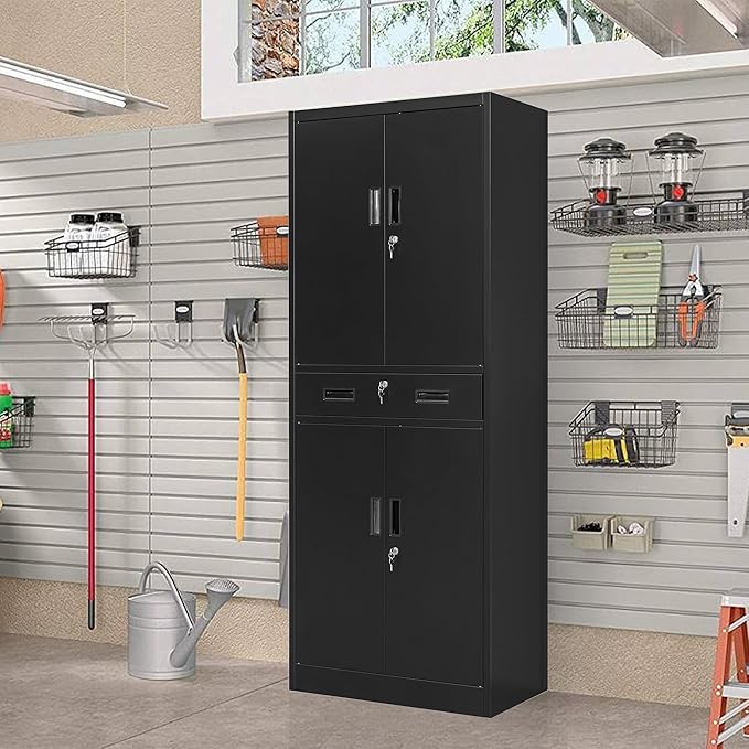 Metal Storage Cabinet, 71" H x 28" W x 16" D Locking Storage Cabinet with Adjustable Shelves and One Drawer, Steel Cabinet for Office, Garage, Home, School, Utility (Black)