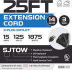 Iron Forge Cable 14 Gauge Outdoor Extension Cord 25 Ft with 3 Power Outlets, SJTOW 14/3 Heavy Duty Outdoor Black Extension Cord 3 Prong, Oil Resistant & Flame Retardant