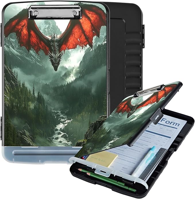 Clipboard with Storage Box & Pen Holder,Heavy Duty Clip Boards 8.5x11 for Nursing,High Capacity,School & Office Supplies,Red Dragon Mountain