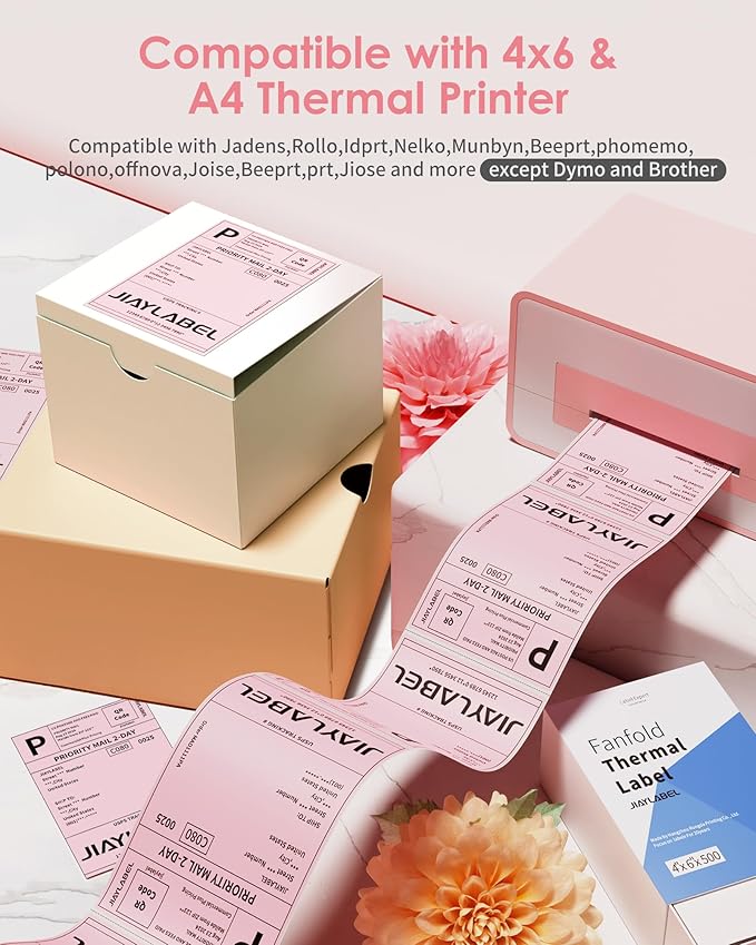 4x6 Thermal Shipping Label Mailing Stickers Paper for Thermal Label Printer USPS UPS Address Big Packing Fanfold Pink Color 500 Labels/Stack,1 Stack