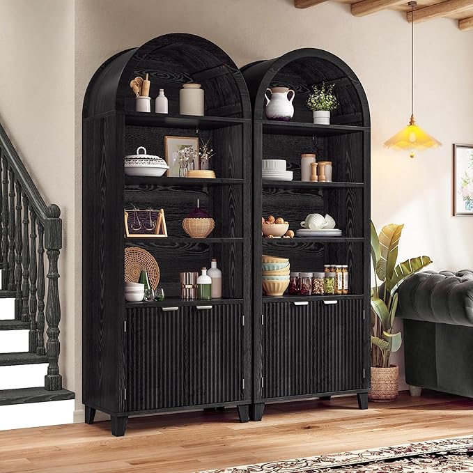 79.9" Tall Arched Pantry Cabinet, 6-Tier Kitchen Pantry Cabinet with Fluted Doors, Arch Storage Cabinet with Open & Adjustable Shelves, Versatile Cupboard for Dining Room, Living Room,Black