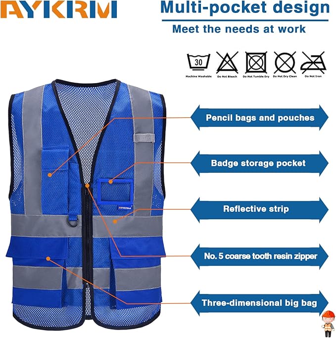 A-SAFETY High Visibility Mesh Safety Reflective Vest with Pockets and Zipper,Hi Viz Work Vest for Men Women (Blue Mesh XXXL)
