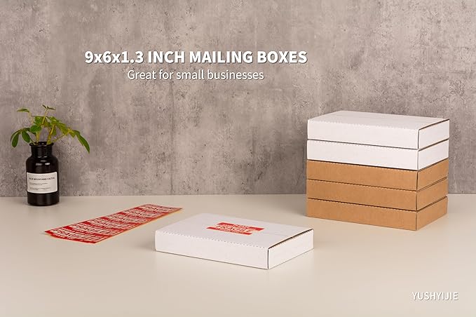 9x6x1.3 inch Small Shipping Boxes, Multi-Depth Flat Cardboard Boxes with Fragile Stickers for DVD Shipping, Packing, Moving, Storage, White, 25 Pack
