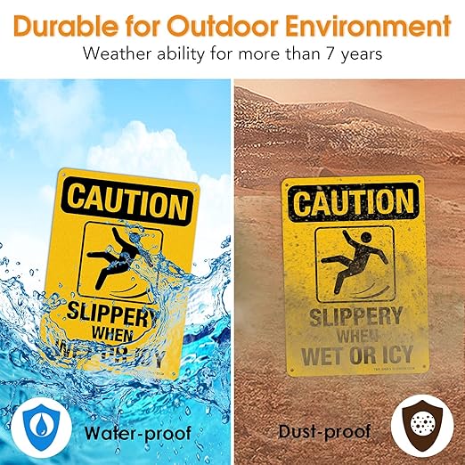 Slippery When Wet Or ICY Sign, Caution Sign, 2 Pack, 10" x 7" Rust Free .040 Aluminum, UV Protected, Waterproof, Weatherproof and Fade Resistant, 4 Pre-drilled Holes