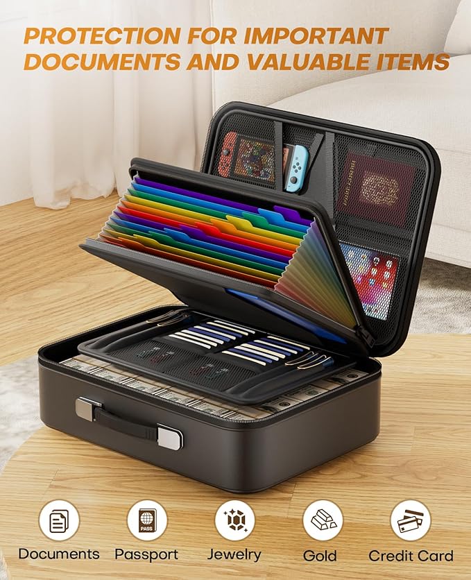 Fireproof Document Box, Hard Case Fireproof Document Organizer with Lock, Water Resistant Safe Box for Important Documents Certificates Laptop Passports (Black)