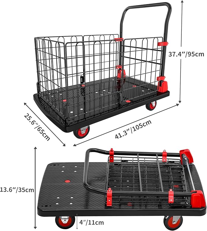 YITAHOME Platform Truck Cart with Cage, 42 x 26 in 1000LBS Capacity Folding Cart with Wheels,Heavy Duty Hand Moving Cart,Foldable Dolly Cart with Basket for Warehouse Luggage Moving