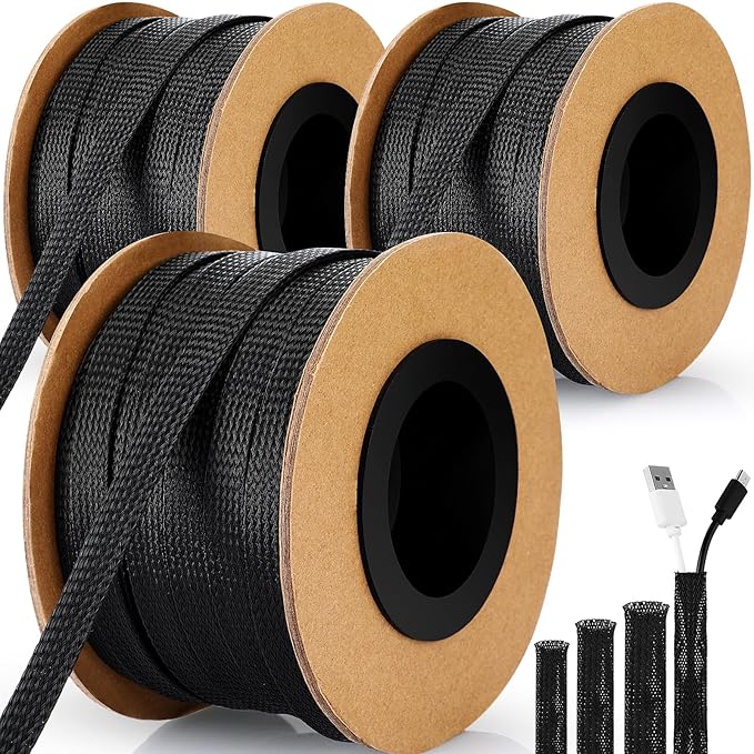 Pangda 450 Feet 1/4, 1/2, 3/8 Inches Wire Loom PET Expandable Braided Sleeving Braided Sleeve for TV, Computer, Home Theater (Black)