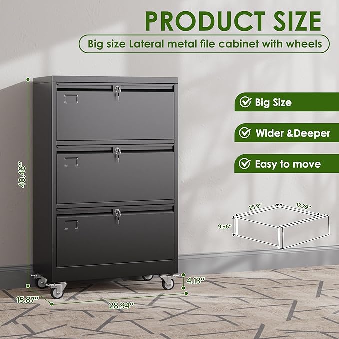 Aobabo 3 Drawer Lateral File Cabinet with Wheels, Lockable Metal Filing Cabinet for Home Office, Legal/Letter Size,Black,Required Assembled,15.87" D x 28.94" W x40.48 H
