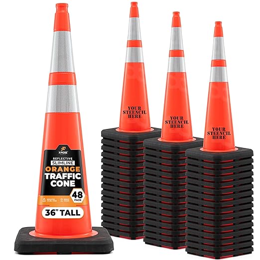 Xpose Safety 36 Inch Orange Slim Line Traffic Cones with 6" & 4" Collars, 48 Pack Multipurpose PVC Plastic Safety Cone for Parking, Soccer, Caution, Kids & Construction - DOT Approved