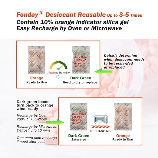 5g x 120 packs Fonday Rechargeable Silica Gel Desiccant Packets Food Grade Fast Reactivate Desiccant Bags Moisture Indicating Orange to Green