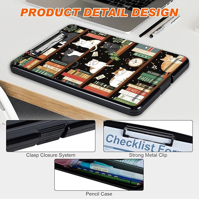 Clipboard with Storage, Hard Letter A4 Size Clip Board with Pen Holder & Paper Organizer, Heavy Duty Portable Writing Pad for Nurses Students Teachers Office Jobsite Contractor, Bookshelf Cat