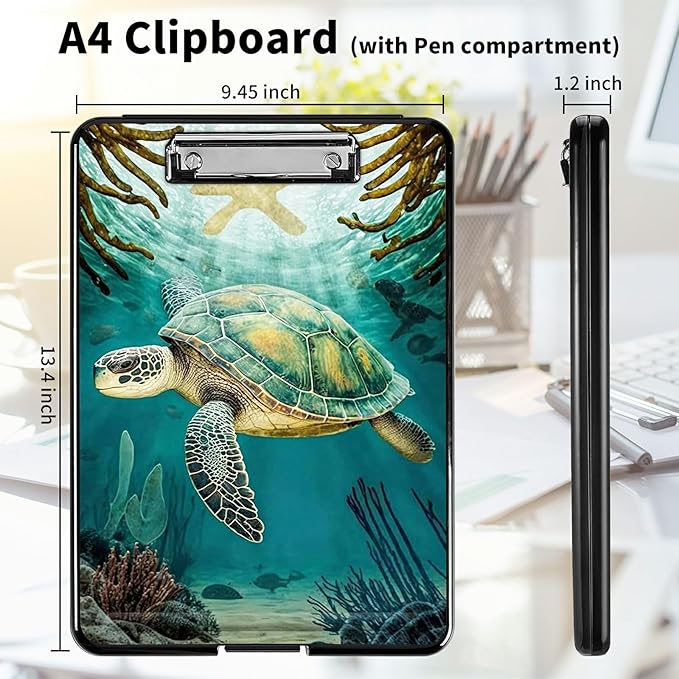 A4 Clipboards,Heavy Duty Waterproof Nursing Plastic Folder Clipboard with Storage Clip Boards,File Folder Storage Box Clipboard Case for Teacher,Doctor,Offices,Turtle
