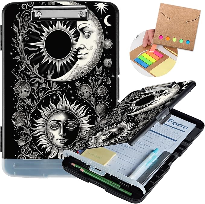 Clipboard with Storage,Heavy Duty Plastic Storage Clipboard with Low Profile Clip,Teacher Must Haves,Office Supplies,Soon Moon Stars Black