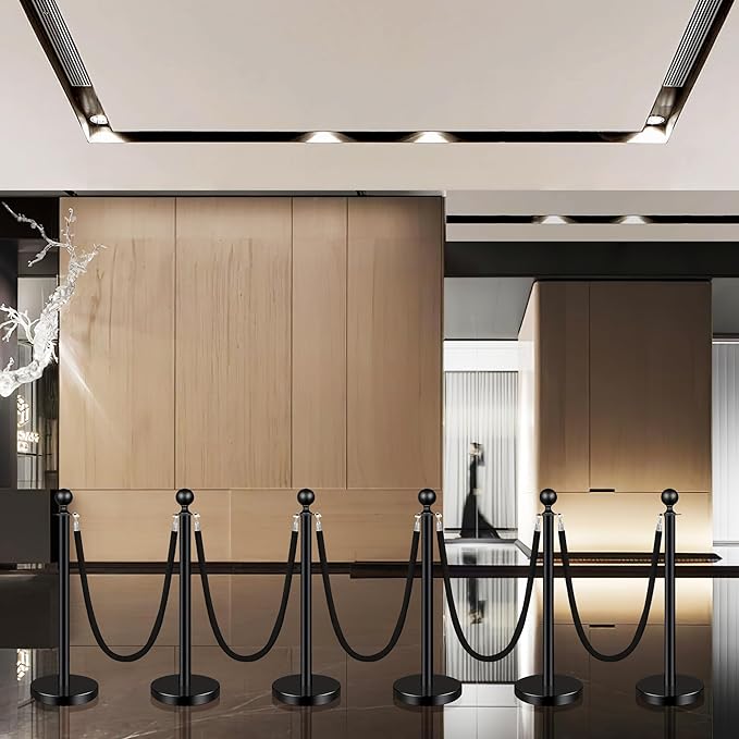 4PCS Black Stainless Steel Stanchions with 3PCS 5FT Velvet Black Ropes - Crowd Control Barriers with Ball Top and Hollow Base for Event,Party,Wedding