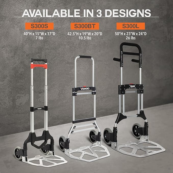 Vergo 100 Ibs Capacity Folding Hand Truck Dolly – Lightweight Aluminum Frame Dolly Cart with 40" Telescoping Handle, Compact Hand Cart with 5” Rubber Wheels - Ideal for Personal Use (S300S)