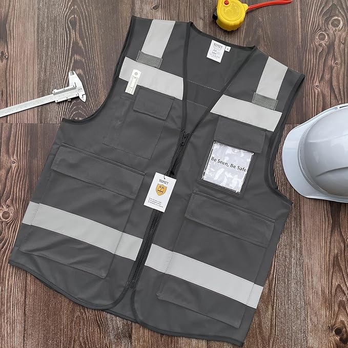 TCCFCCT Safety Vest for Men Women 5 Pockets Reflective Vest with Reinforced Zipper, High Visibility Construction Work Vest with Tabs for Walkie-talkie, Durable to Use, Meets ANSI/ISEA, Grey, 5XL
