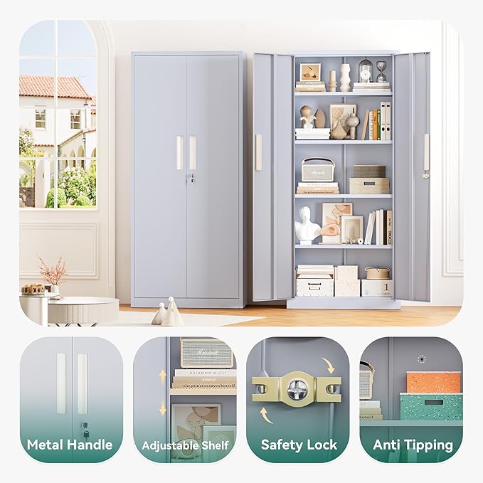 Greenvelly 63" H Metal Storage Cabinet Dark Grey, Locking Metal Cabinet, Store Tools, Clothes, Tableware and Toiletries, Garage Cabinets with Adjustable Shelves for Office, Home, Garage, Pantry