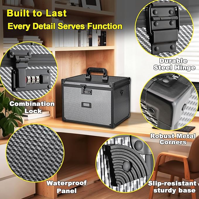File Storage Cabinet File Organizer Document Organizer File Box in Office and Home with Combination Lock with 20 Letter Size Hanging Files (Diamond Black)