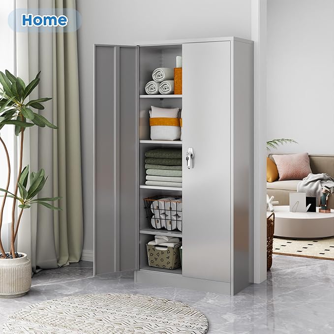 Metal Garage Storage Cabinet, Steel Lockable File Cabinet with 2 Doors and 4 Adjustable Shelves for Office Home Closet, Storage, Assembly Required, Gray, 71" H