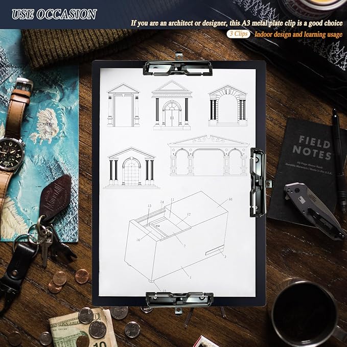 Three Black Clip Aluminum 11x17 Clipboard Metal Stainless Hangable Clipboards Art Pen Holder Extra Large Clip Board for Business Medical Professionals Workshop (Black, A3-3Clip)