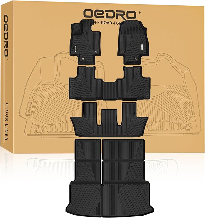 OEDRO Upgraded Floor Mats Fit for Toyota Grand Highlander 2024 2025 2026 w/Subwoofer 7 Seat(Include Hybrid), TPE Interior Seat Back Covers and Cargo Liner Behind 3rd Row (Trunk Mat with Backrest Mat)