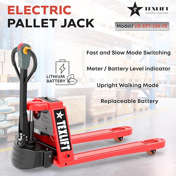 Full Electric Power Pallet Jack – Standard Duty Pallet Truck 3300 Lb Capacity, 48” L x 27” W Fork Size, Plug-in 48V/15A Lithium Battery – Max Lift Height 7.8 Inch - (US-EPT33K-FE)