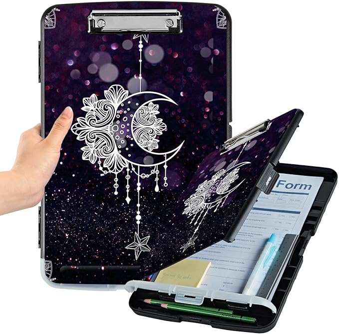 File Clipboard Storage with Pen Holder High Capacity Plastic Nursing Clipboards File Folder Storage Box Clipboard with Heavy Duty Clips for Teacher,Doctor,Offices-Moonflower