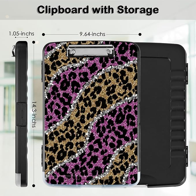 Clipboard with Storage,Office Supplies Nursing Clipboards Folder with Pen Holder Plastic Storage ClipBoard Foldable for Teacher Nurse,Pink Golden Leopard
