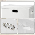 Large 17" 36 Quart Collapsible Stackable Storage Bins with Lids, 1 Pack White Foldable Fabric Closet Storage Boxes with Lids, 4 Handles Heavy-duty Linen Cube Baskets for Bedroom