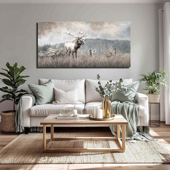 ZHENGYIN Large Bull Elk Wall Art, Deer Wildlife Canvas Print, Rustic Modern Farmhouse Wall Decor for Living Room Office, Above Sofa, 24x48 Inch