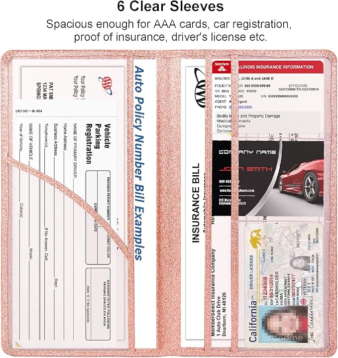 Car Registration and Insurance Holder, Leather Magnetic Shut Vehicle Glove Box Organizer for Document, Card, Driver License, Glitter Rose Gold