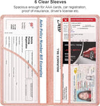 Car Registration and Insurance Holder, Leather Magnetic Shut Vehicle Glove Box Organizer for Document, Card, Driver License, Glitter Rose Gold