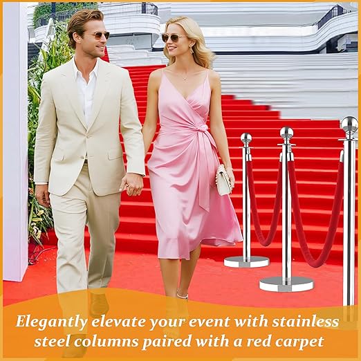 6Pcs Stainless Steel Stanchion Posts with 5ft Red Velvet Ropes - Crowd Control Barriers & Queue Line Kit with 26ft Red Carpet for Wedding, Party, Theater Supplies