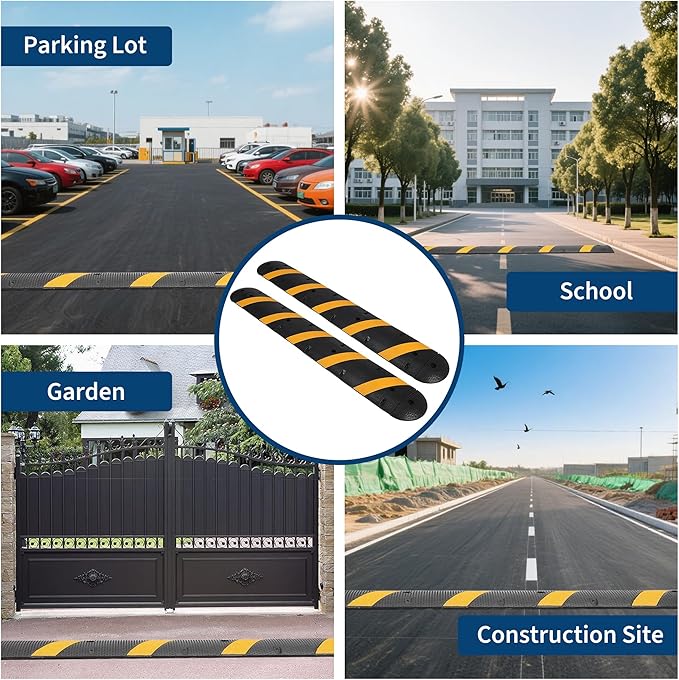2 Pack 6FT Speed Bumps for Road, Heavy Duty 25,000 Lbs Capacity Traffic Rubber Speed Humps with 2 Channel Floor Cord Cover for Asphalt Concrete Gravel Driveway Road Cable Protector Ramp