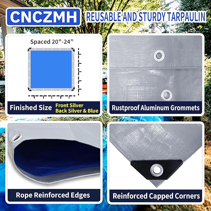 Heavy Duty Tarp Waterproof 12x12 Feet, 10 Mil Thick Silver Blue Poly Tarps Outdoor, Metal Grommets, Reinforced Edges, Multipurpose Tarpaulin Cover for Camping, Boat, Swimming Pools