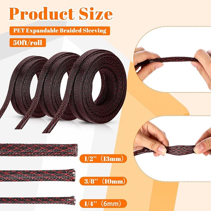 Pangda150 Feet 1/4, 1/2, 3/8 Inches Wire Loom Pet Expandable Braided Sleeving Braided Sleeve for Tv, Computer, Home Theater (Black-red)
