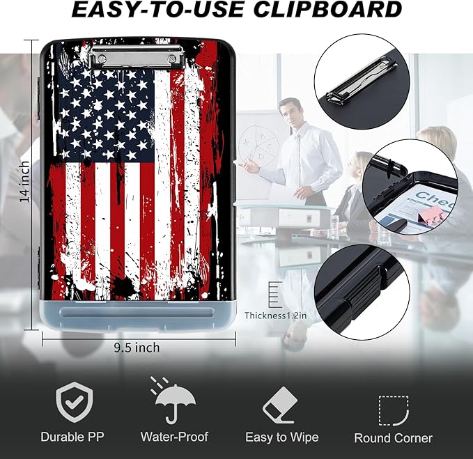 Side Opening Clipboard with Storage and Pen Holder, Heavy Duty Contractor Clip Board with Large Capacity, Personalized Teachers Nurses Large Clipboards, American Flag