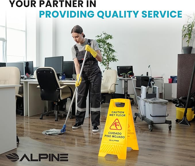 Alpine Wet Floor Signs 3 Pack - 24 Inch Caution Wet Floor Sign, High Visibility Yellow Slippery When Wet Sign - Bilingual Safety Warning Sign to Easily Avoid Slippery Accidents in High Traffic Areas