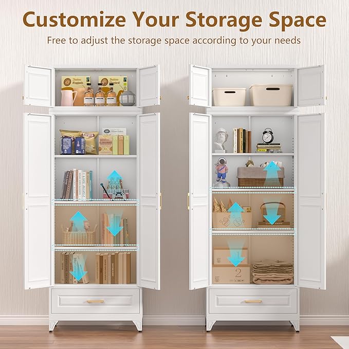 Kitchen Pantry Cabinet, Metal Storage Cabinet with One Drawer, 90" Tall Pantry cabinets with Doors and Shelves, for Living Room, Dining, White,16" D x 32" W x 90" H, Assembly Required