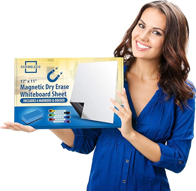 Magnetic Fridge Whiteboard Sheet for Kitchen Refrigerator - Dry Erase Magnetic White Board Organizer & Planner 11"x17" Strong Magnet Includes 6 Markers and Big Eraser
