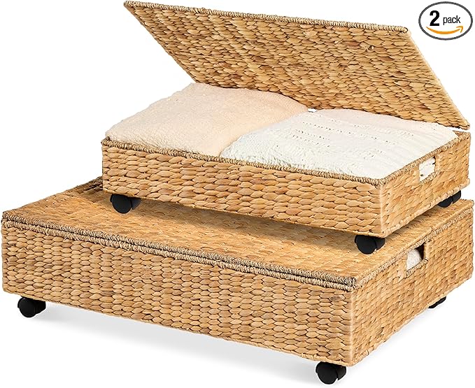 Best Choice Products Under Bed Storage Containers W/Lid, Wheels and Handles, 2-Pack Large Handwoven Water Hyacinth Closet Organizer, Shoe Storage Bins, Multi-Purpose Nesting Baskets - Natural
