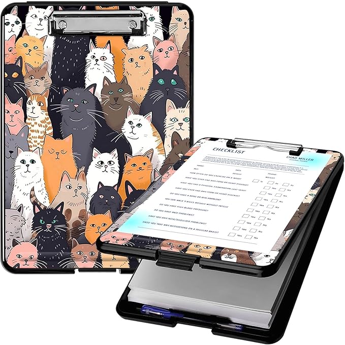 Clipboard with Storage, High Capacity Plastic Storage Clipboard with Low Profile Clip for Women Teachers Work, School & Office Supplies, Cute Pattern Decorative Clipboards, Cat