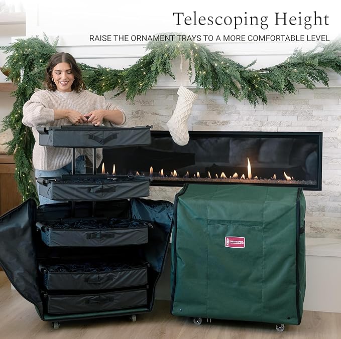[TreeKeeper Telescoping Christmas Ornament Storage Box with Dividers] - Adjustable Organizer Holds 120 Ornaments up to 4 Inches Tall by Nearly Any Width and Length | 5 Removable Trays with Separators