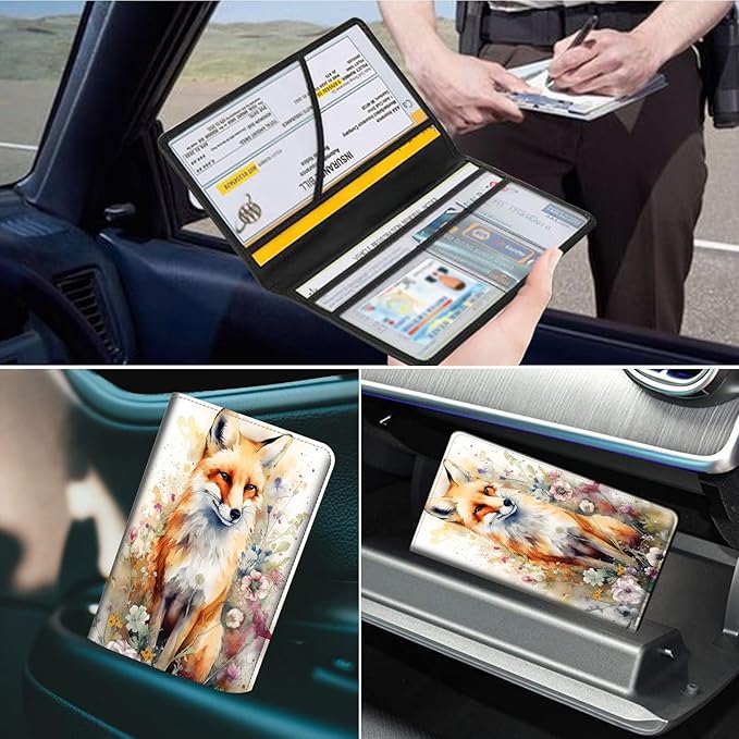 Car Registration and Insurance Holder, Leather Car Glove Box Organizer, Cool Car Accessories for ID, Driver's License Cards & Essential Document,business cards,Men&Women,Watercolor Foxs Flower