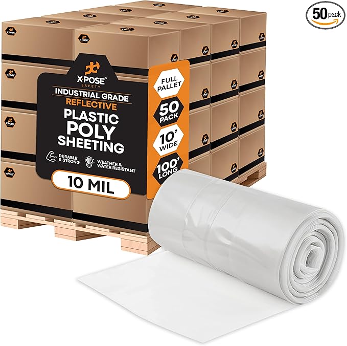 Xpose Safety Clear Plastic Sheeting (Bulk Full Pallet 50 Pack) – 10' x 100' Rolls – Heavy Duty 10 Mil Poly Sheet – Waterproof, Dustproof, Vapor Barrier – for Construction, Painting, Industrial Use