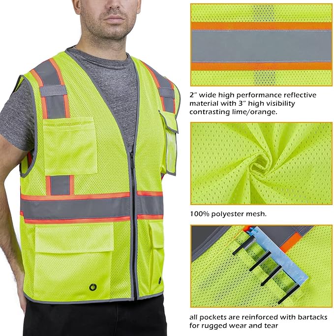 High Visibility Mesh Safety Vest with Dual Tone Reflective Strips, 8 Pocket and Zipper ANSI/ISEA Standards, Safety Vest For Men & Women (Yellow, L)