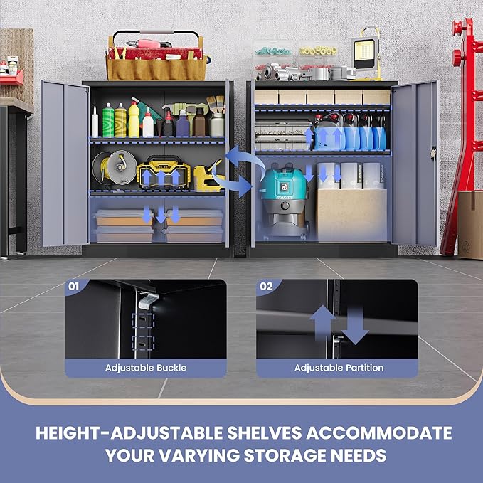 Metal Storage Cabinet,Locking File Cabinet with Doors and Adjustbale Shelves,Tool Steel Cabinets for Garage,Home Office,School,Gym(Grey & Black)