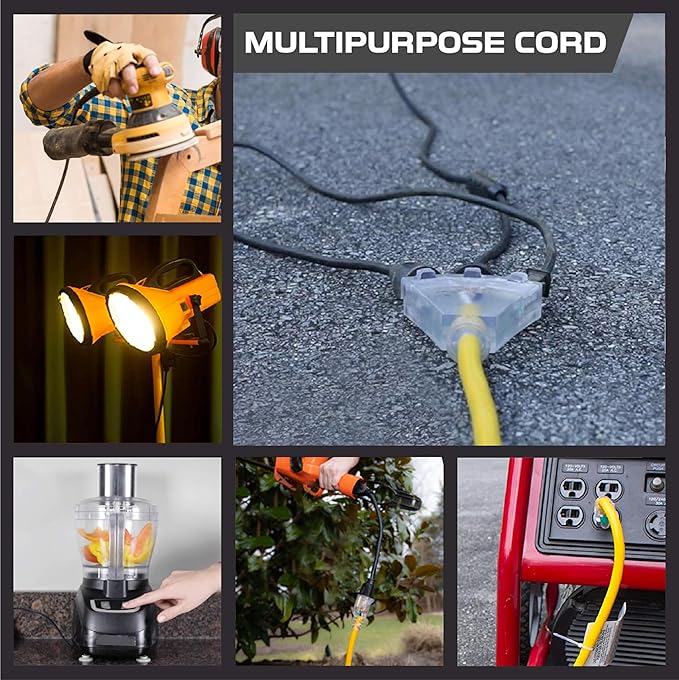 Iron Forge Cable 50ft Yellow Outdoor Extension Cord with 3 Outlets - 14/3 SJTW 15 Amp 50ft Extension Cord 3 Prong - Multiple Outlets with Lighted End