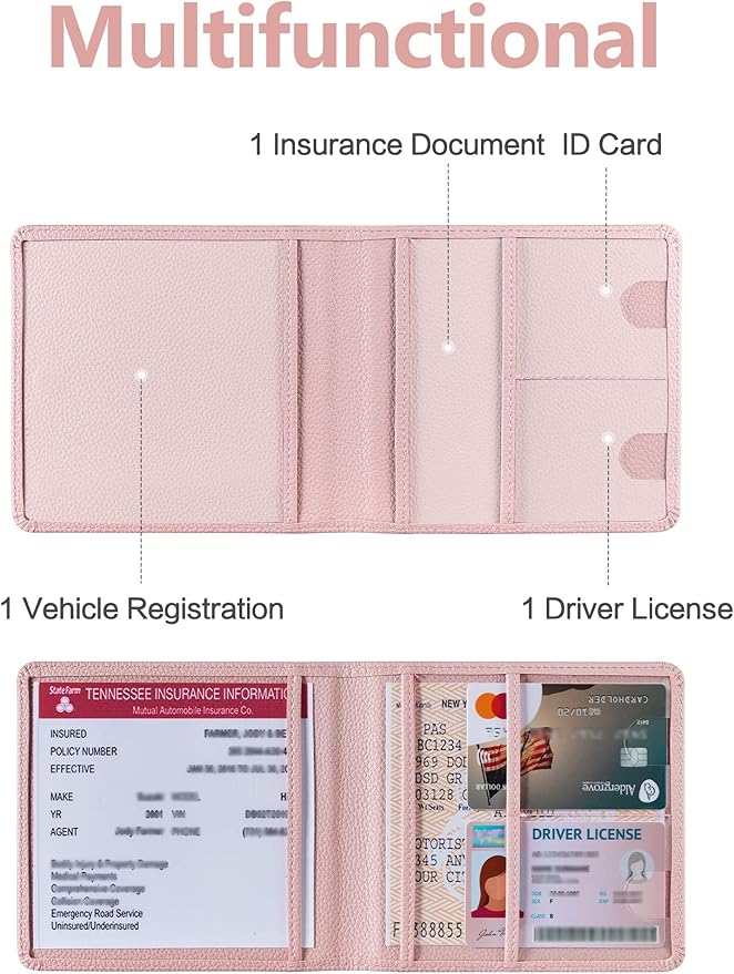 Mymazn Car Registration & Insurance Holder - PU Leather Document Holder with Magnetic Closure for Driver's License & Essential Papers, Pink